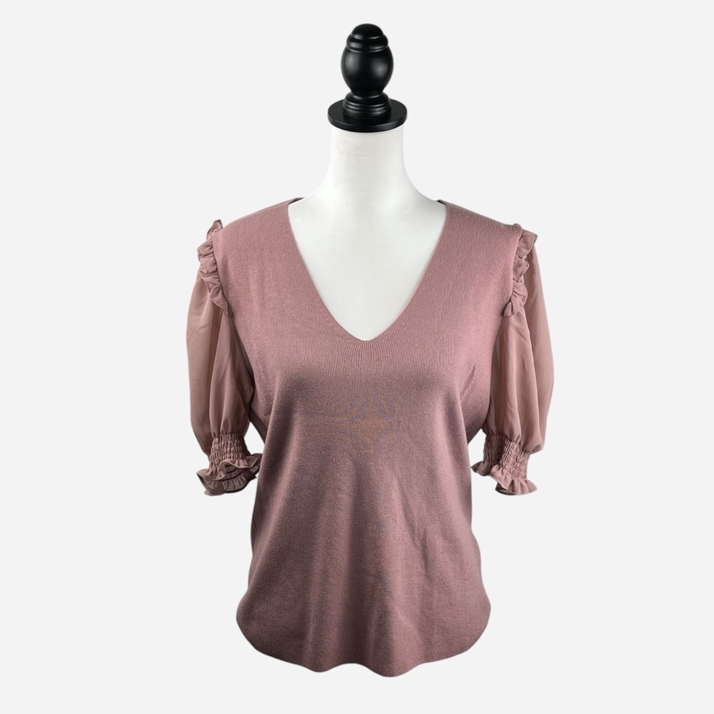 NEW Sioni Milano Mixed Media Ruffle Sleeve Blouse L Soft Knit Heather Salmon - Picture 2 of 12